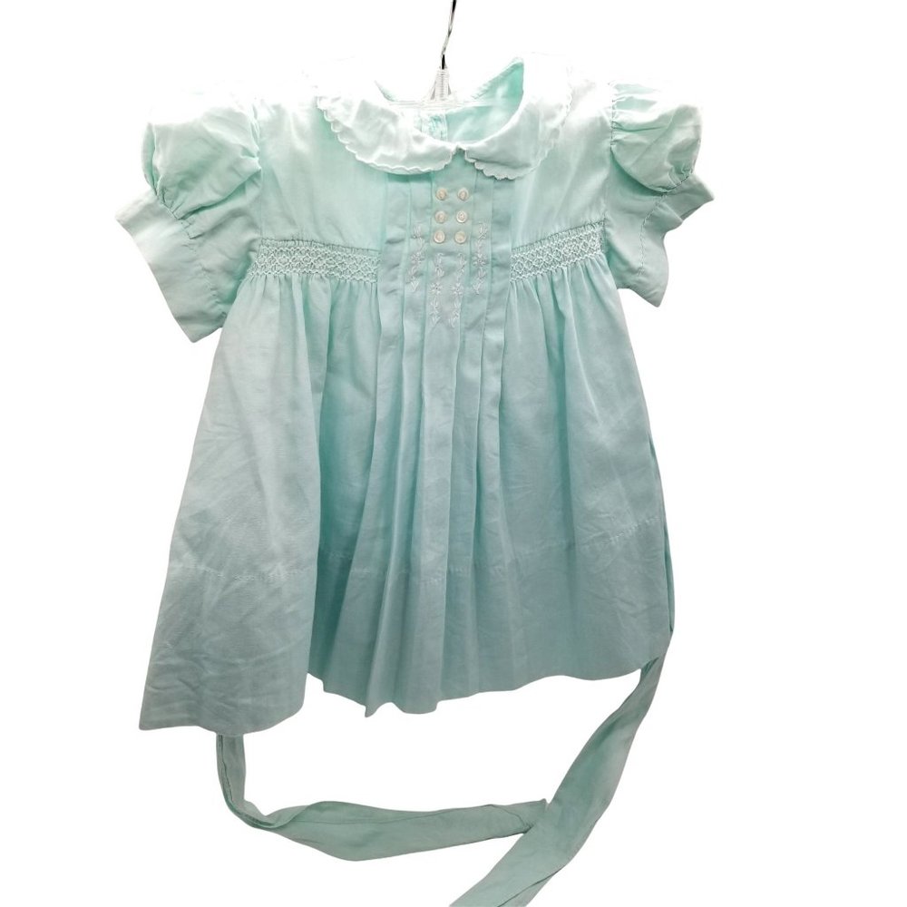 Vintage Baby Toddler Doll Child Pageant Green Dress Tiny Tots Smocked Buttons Bo